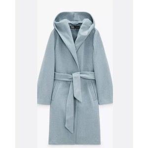 EUC Zara blue hooded wrap coat sz Small